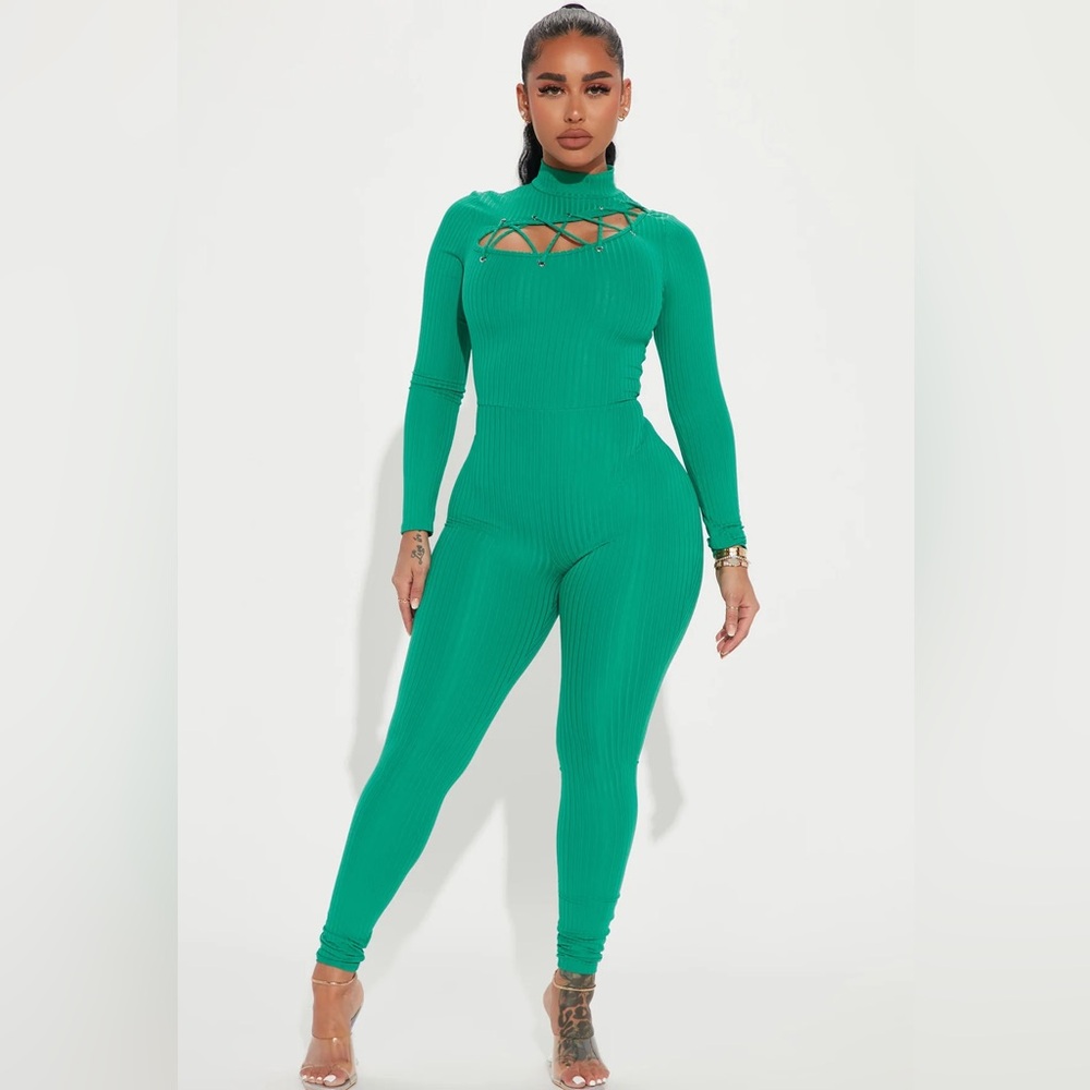 Fashion Nova Vera Ribbed Jumpsuit - Green Size Small